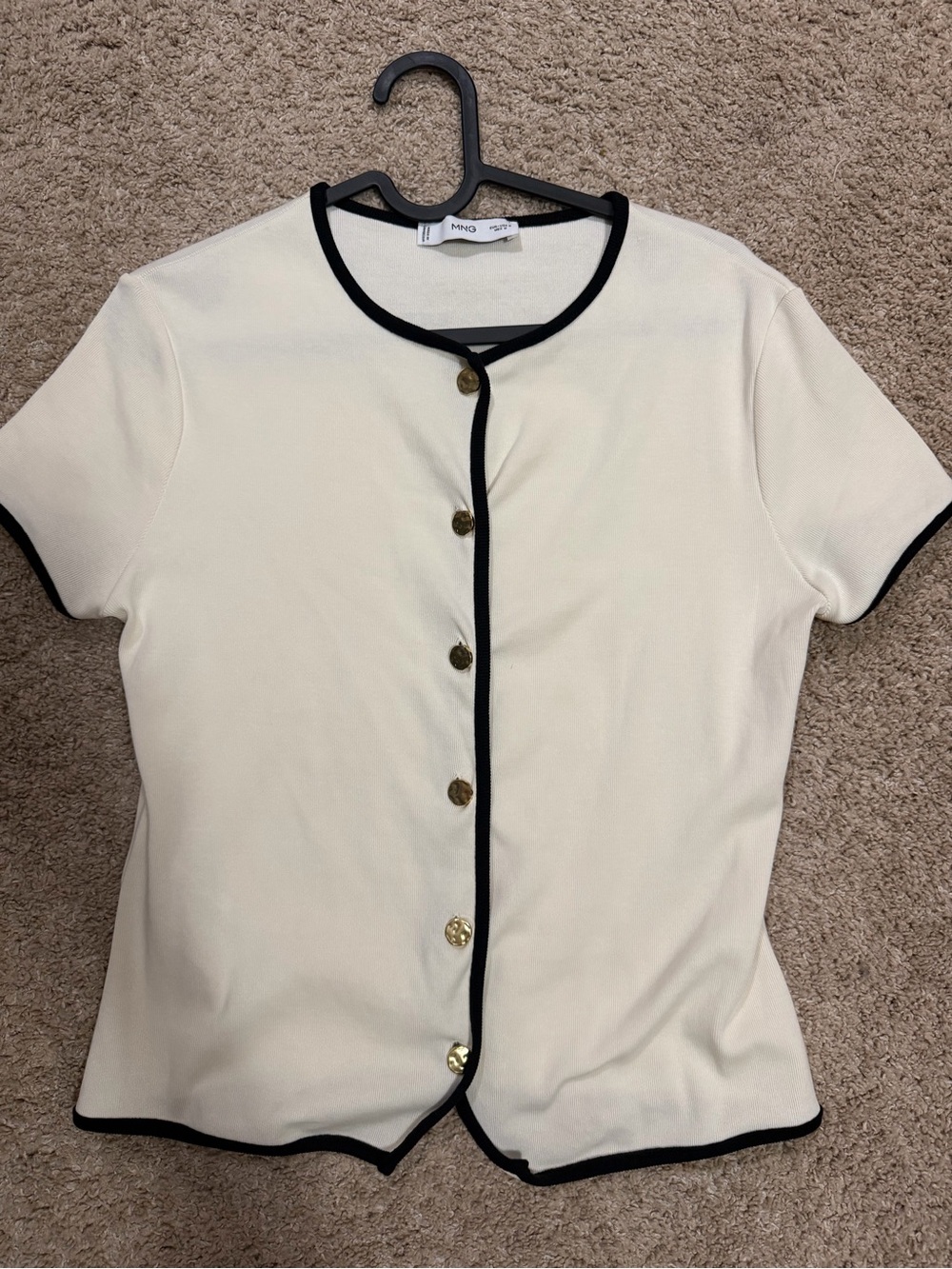 Mango Cream Short Sleeve Cardigan with Black Trim